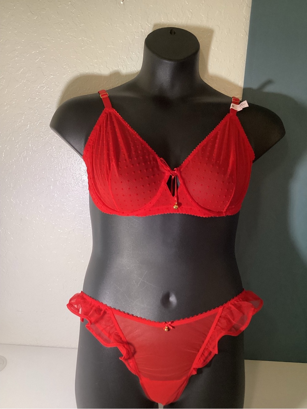 Victoria's Secret Red Sheer Mesh Bra & Ruffle Panty Set
